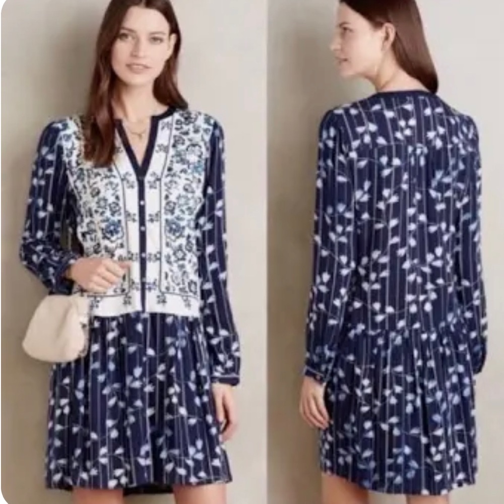 Anthropologie Tiny Blue Embroidery Tunic Dress Size Medium